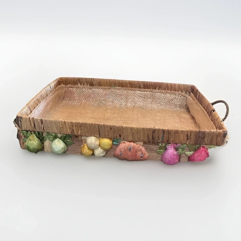 Vintage Rattan‎ Straw Serving Basket Casserole Carrier Raffia Fruit Design